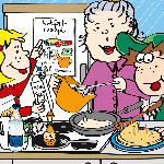 AFi-KiDS Aktion "Knusper-Pfanne" Comic-Zeichnung von Katja und Max, die mit ihrer an Alzheimer erkrankten Oma Pfannkuchen backen.