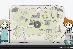 Die magische Kinderseitenlandschafts-Karte Die beiden Figuren Charlie und Mo stehen vor der magischen Landkarte