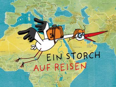 Najuversum: Ein Storch auf Reisen Ein Cartoon-Storch fliegt über eine Landkarte Afrikas