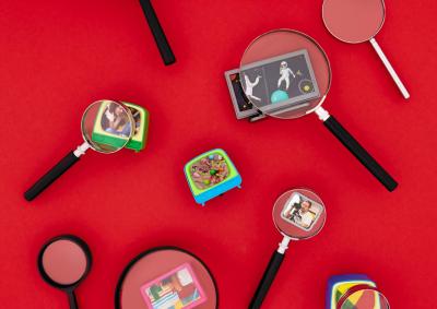 Bei YouTube kann man Videos suchen und finden Mehrere Lupen in verschiedenen Größen liegen auf Bildschirmen